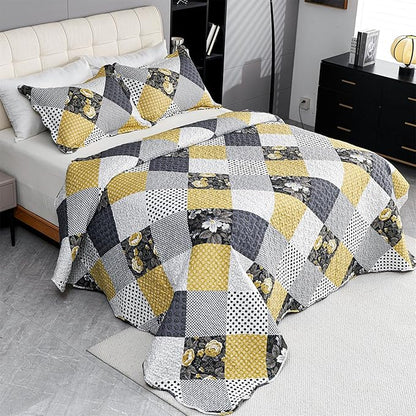 Cmfshape Summer Floral Queen Bedspread,Romantic Khaki Quilt Set Full,Reversible Stitched Bedding Set All Season,Soft Lightweight Coverlet with Pillow Cases (Khaki&Dark, Queen90 x90)