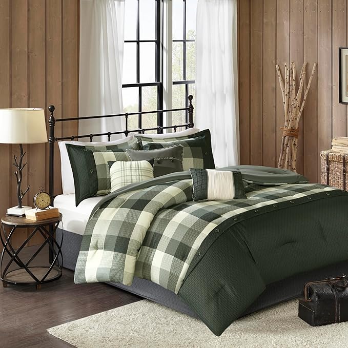 Madison Park Ridge Comforter Set - Cabin Lodge Plaid Herringbone Design, All Season Down Alternative Cozy Bedding with Matching Bedskirt, Shams, Decorative Pillow, Grey Cal King(104"x92") 7 Piece