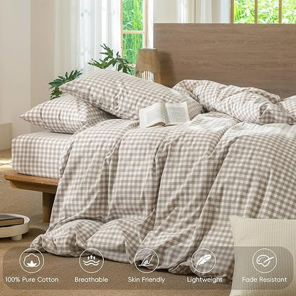 MooMee Gingham Duvet Cover Set 100% Washed Cotton Linen Like Textured Breathable Durable Soft Comfy Modern Checkered Design (Tannish Linen Grey Gingham, Oversized Queen 98"x98")
