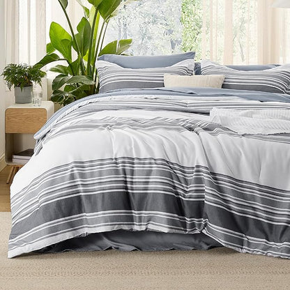 Bedsure Queen Comforter Set 7 Pieces, Dark Grey Striped Bedding Set for All Seasons, Reversible, Cationic Dyeing Bed in a Bag with Comforter, Sheets, Pillowcases & Shams