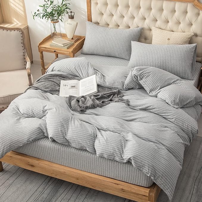 PURE ERA Jersey Knit Duvet Cover Set 100% T-Shirt Heather Cotton Super Soft Comfy Classic Striped Design, with Zipper Closure, Grey & White Pintripe, King