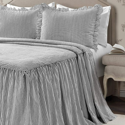 Lush Decor Ticking Stripe Bedspread Full Size 3 Piece Set Black - Ruffle Bedding Set Full Bedspreads - Kids Bedding - Farmhouse & Coquette Decor