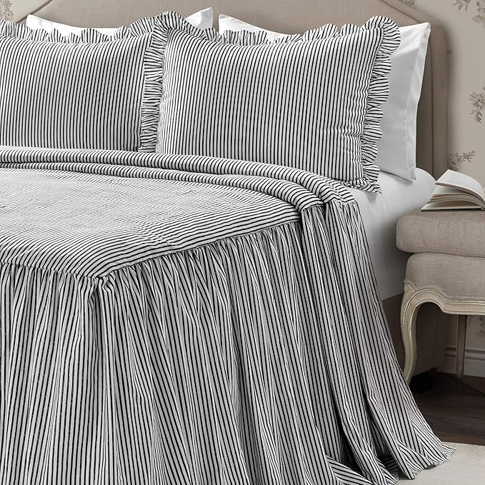 Lush Decor Ticking Stripe Bedspread Black Vintage Chic Farmhouse Style Lightweight 3 Piece Set, Queen