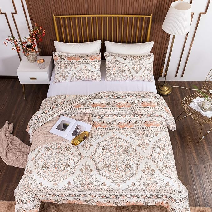CLOTHKNOW Light Brown Floral Queen Comforter Set Botanical Bedding Comforter Sets Boho Comforter Pumpkin Comforter Queen with 2 x Pillow Cases