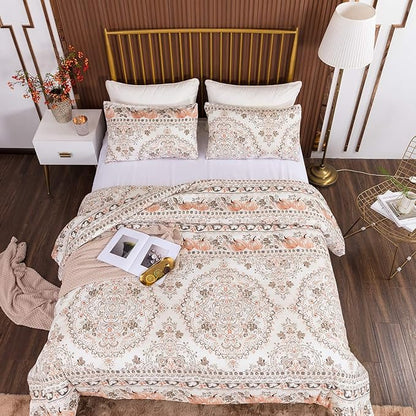 CLOTHKNOW Light Brown Floral Queen Comforter Set Botanical Bedding Comforter Sets Boho Comforter Pumpkin Comforter Queen with 2 x Pillow Cases
