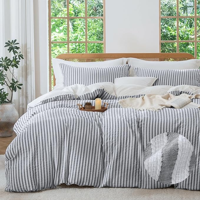 MILDLY Dark Grey Striped Duvet Cover - 100% Washed Cotton Jacquard Boho Textured Comforter Cover 3pcs with Corner Ties Zipper Closure 104"x90"