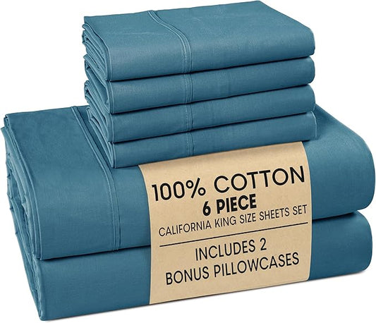 Casa Platino Sheet Set Cal King Size – 100% Cotton Bed Sheets Cal King with 4 Pillowcases, Ultra Soft & Cozy, with 15" Deep Pocket Fitted Sheet, Perfect Everyday Sheets – Blue Heaven