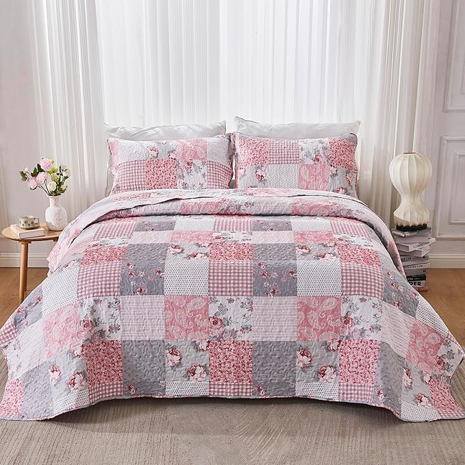 King Size Quilt Set Pink Plaid Patchwork Floral Rversible Quilted Bedspread Coverlet Set 3-Piece Grey Grid Flowers Lightweight Comforter Bedding Set Bed Sheet Cover Blanket with 2 Pillow Shams | King Size Quilt Set, Floral Quilt Set, Pink Plaid Quilt, ...