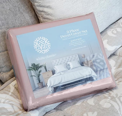 White Classic Pink Duvet Cover Queen Size, Microfiber Duvet Cover with Zipper, Set of 1 Down Comforter Cover with 2 Pillow Shams, Luxury Comforter Cover Queen Size | Comforter Not Included
