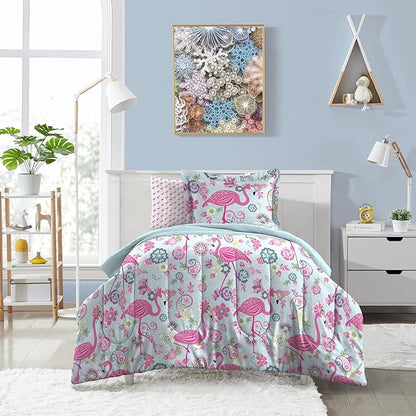 dream FACTORY Kids 7-Piece Complete Set Easy-Wash Super Soft Microfiber Comforter Bedding, Full, Pink Flamingo