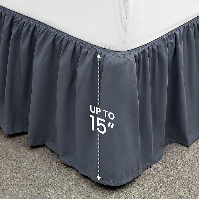 SLEEP ZONE Ruffled Bed Skirts Twin Size, Anti-Static Bedskirt Dust Ruffles with 15 inches Tailored Drop, Easy Fit, Fade Resistant, Grey, Twin