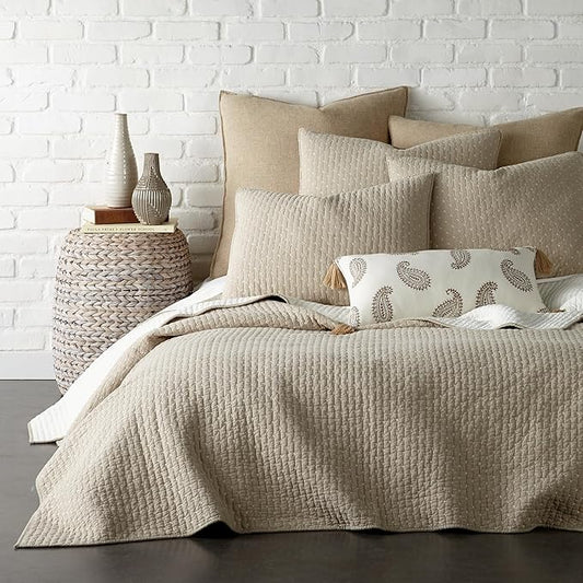 Levtex Home Cross Stitch Reversible King/Cal King Quilt Set (106x92in) and 2 Pillow Shams (36x20in) - Stitch Texture - Taupe - Cotton King Size Quilt Bedding Set - Lightweight Soft Pre-Washed