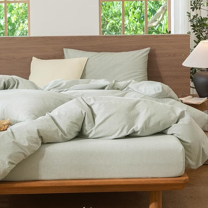 MooMee Striped Duvet Cover Set 100% Washed Cotton Linen Like Textured Breathable Durable Soft Comfy (Sage Green White Pinstripes, Oversized Queen 98"x98")