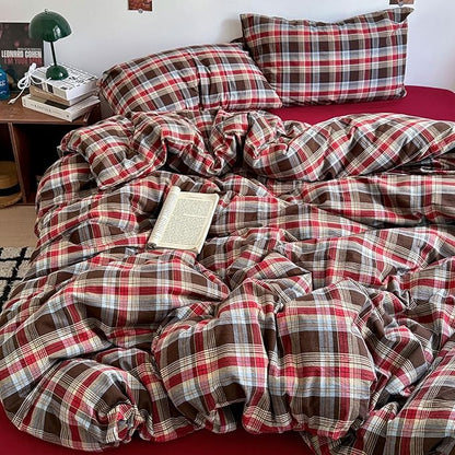 EAVD Vintage Style Red&Brown Buffalo Plaid Comforter Set Twin XL Soft 100% Washed Cotton Chic Grid Checkered Ginham Bedding Set with 2 Pillowcases Farmhouse Geometric Comforter Set for All-Season