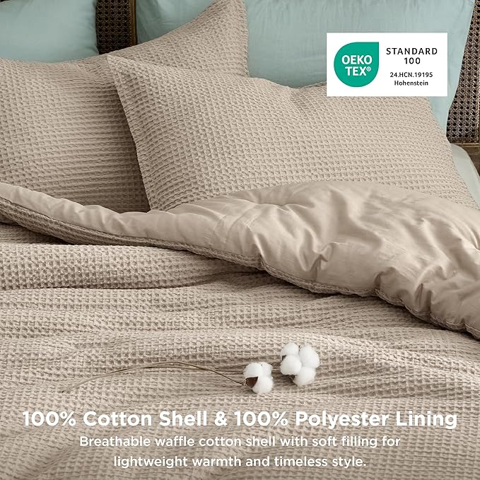 Bedsure Waffle Comforter Set King, Khaki Soft Bedding, Waffle Weave Bed Set, 3 Pieces, 1 Comforter (104"x90") and 2 Pillow Shams, Cotton Shell and Polyester Lining for All Seasons