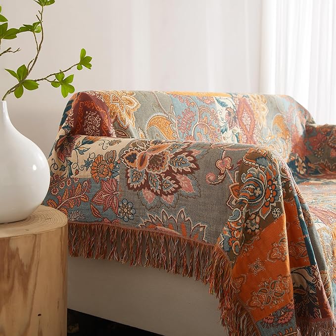 Boho Throw Blanket for Bed 90”x98”, 100% Cotton Woven Blanket for Couch Sofa, Ultra Soft 4-Layer Muslin Quilt with Patchwork Floral Printed, Farmhouse Bed Blanket/Cover for Living Room Decor
