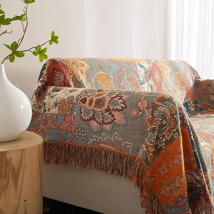 Boho Throw Blanket for Bed 90”x98”, 100% Cotton Woven Blanket for Couch Sofa, Ultra Soft 4-Layer Muslin Quilt with Patchwork Floral Printed, Farmhouse Bed Blanket/Cover for Living Room Decor