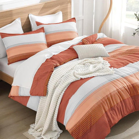 Litanika Burnt Orange King Bed Comforter Set, 3 Pieces Boho Terracotta Stripe Colorblock Bedding Comforter Set, Rust Fluffy Bed Set (104x90In Comforter & 2 Pillowcases)
