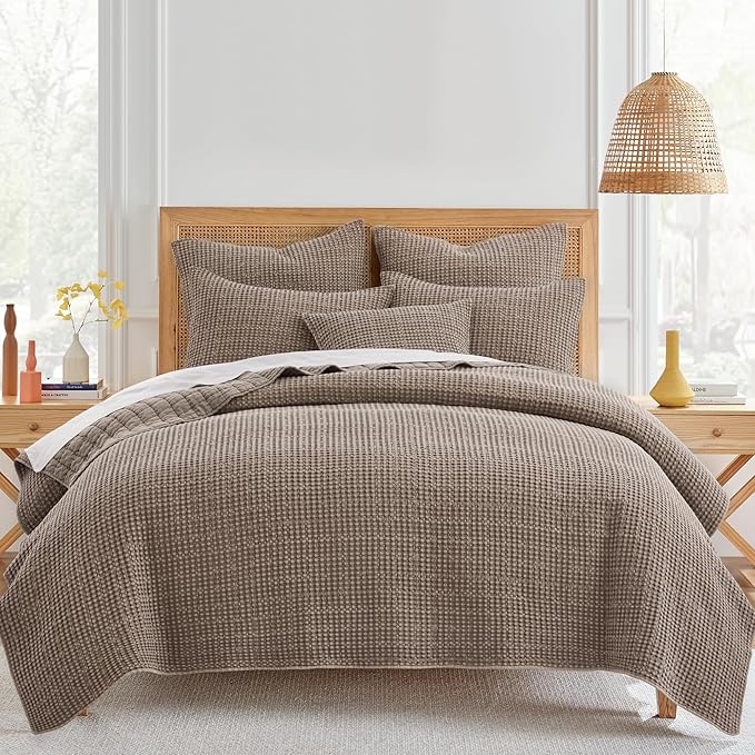 Levtex Home Mills Waffle Full/Queen Quilt Set (88x92in) with 2 Pillow Shams (26x20in) - Cocoa - Cotton Waffle Full/Queen Size Quilt Bedding Set - Lightweight, Soft, Pre-Washed