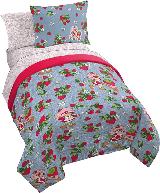 Jay Franco Kids Comforter Set Includes Sheets and Pillow Covers - Soft and Cozy Bed Set for Stylish Room Decor, Blue - Strawberry Shortcake, 7 Piece Full Size Bedding
