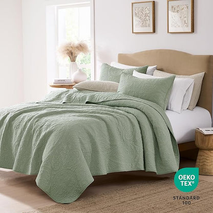 PALASSIO Sage Green Paisley 100% Cotton Quilt Queen Size Bedding Set with 2 Pillow Shams, Boho Floral Lightweight Farmhouse Country Vintage Soft Bedspread Shabby Chic Coverlet for All Season, 3 Pieces