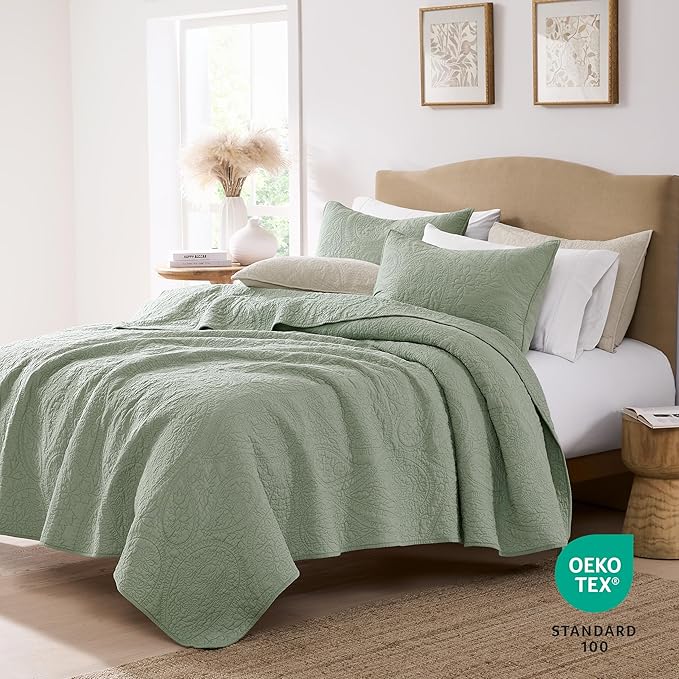 palassio Sage Green Paisley 100% Cotton Quilt California Cal King Size Bedding Sets with 2 Pillow Shams, Oversized Boho Farmhouse Vintage Soft Bedspread Shabby Chic Coverlet for All Season, 3 Pieces