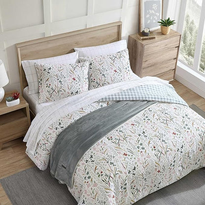 Eddie Bauer - Queen Comforter Set, Reversible Cotton Bedding with Matching Shams, Classic Floral Home Decor with Plaid Reverse (Woodland Forest Grey, Queen)