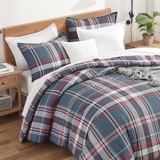 Andency Navy Red Plaid Comforter Set Twin(66x90 Inch), 2 Pieces Grid Gingham Stripes Bedding Comforter Sets for Boys Girls Kids Teens, Preppy Geometric Line Soft Lightweight Reversible Bed Set as Gift
