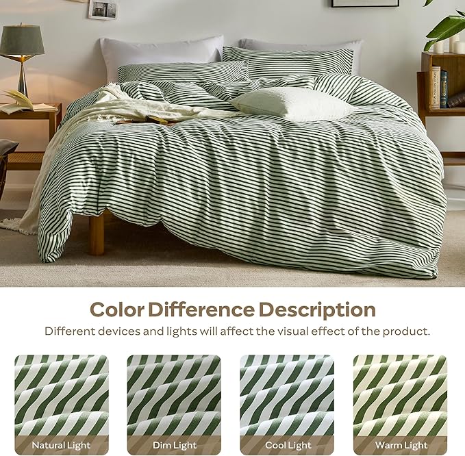 JELLYMONI 100% Natural Cotton 3pcs Striped Duvet Cover Sets,White Duvet Cover with Green Stripes Pattern Printed Comforter Cover,with Zipper Closure & Corner Ties(Full Size)