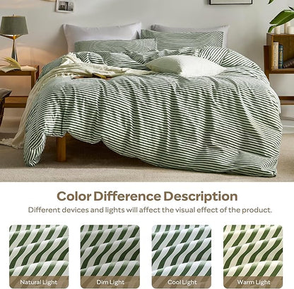 JELLYMONI 100% Natural Cotton Striped Duvet Cover Sets,White Duvet Cover with Green Stripes Pattern Printed Comforter Cover,with Zipper Closure & Corner Ties(Twin 66×92 Inch)