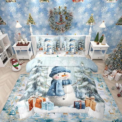 Castle Fairy Xmas Snowman Blue Comforter Set King Size 7 Pcs,Winter Outdoor Pine Tree Bedding Set for Girls Teens Bedroom Decor,Cartoon Bed in a Bag with Comforter,Sheets and Pillow Cases