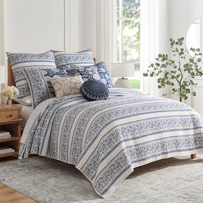 Levtex Home Adare Denim Reversible King/Cal King Quilt Set (106x92in) with 2 Pillow Shams (36x20in) - Floral Bedding - Blue White - Cotton King Size Quilt Bedding Set - Lightweight, Soft, Pre-Washed