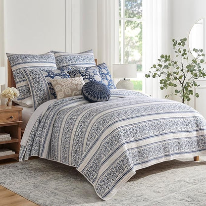 Levtex Home Adare Denim Reversible Full/Queen Quilt Set (88x92in) with 2 Pillow Shams (26x20in) - Floral Bedding - Blue White - Cotton Full/Queen Size Quilt Bedding Set - Lightweight, Soft, Pre-Washed