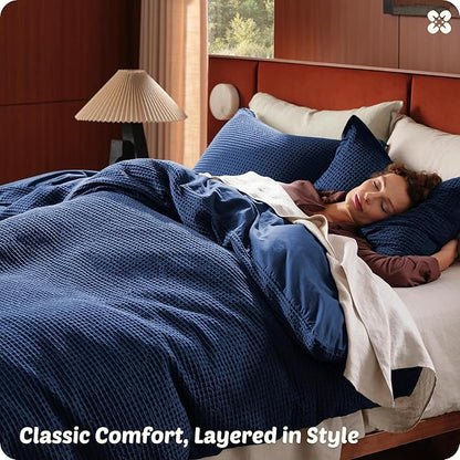Bedsure Cotton Duvet Cover Set - 100% Cotton Waffle Weave Navy Duvet Cover Oversized King Size, GentleSoft™ and Breathable Bedding Set for All Season, 3 Pieces, 120"x98"
