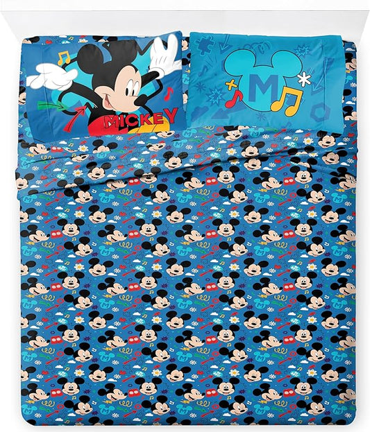 Jay Franco Kids Sheet Set with Fitted, Flat Sheets & Pillow Cover - Ultra-Soft Bedding with Pillowcase for Room Decor, Blue - Mickey Mouse, 4 Piece Full
