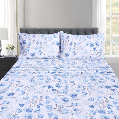 RUVANTI 100% Cotton Sheets – Queen Size Percale Bedding, Cooling & Breathable Floral Design, Durable with a Crisp, Soft & Comfortable Feel, 16" Deep Pocket, 4-Piece Set, Monotones