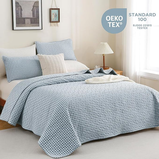 TOCOMOA Blue Gingham Quilt Bedding Set 100% Washed Cotton Bedspread Coverlet Like Linen Feel Soft Comfy Breathable 3 Piece Plaid Checkered Lightweight Comforter Set for All Season, Queen 96"x90"