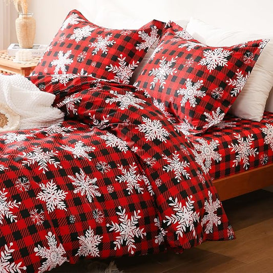 JSD Red Buffalo Plaid Snowflakes Duvet Cover Set Full Size, 3 Piece Christmas Winter Printed Microfiber Duvet Comforter Covers