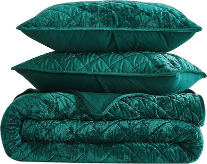 Chezmoi Collection Lux Emerald Green Velvet Quilt King Set, 3-Piece Lush Plush Distressed Velvet Bedding All Season Lightweight Comforter Brushed Microfiber Reverse with Diamond Stitch Quilting