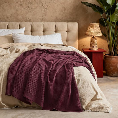 Bedsure Gentlesoft 100% Cotton Blanket Twin XL Size for College Dorm - Breathable and Soft for Spring Summer, Waffle Weave Twin Blanket for Bed, Dorm Room Essentials, Burgundy, 66x90 inches