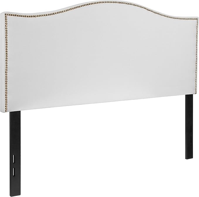 EMMA + OLIVER Upholstered Full Size Headboard with Nailtrim in White Fabric
