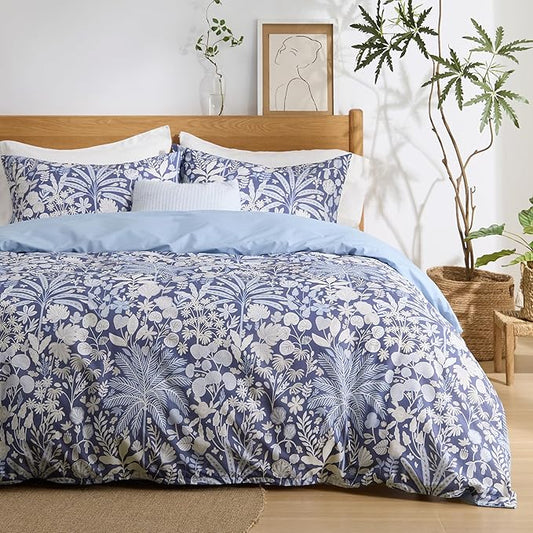 Bedsure Duvet Cover Queen Size - 100% Cotton Reversible Floral Duvet Cover Set with Zipper Closure, 3 Pieces Soft & Breathable PureWoven Vintage Indigo Blue Bedding Set with 2 Pillow Shams 20"x26"