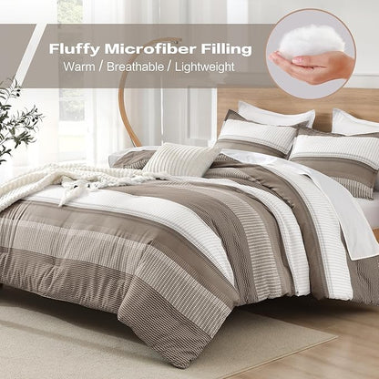 Litanika Comforter Set Full Size Hazel - 3 Pieces Lightweight Colorblock Stripe Fluffy Bedding Comforter Sets, All Season Bed Set