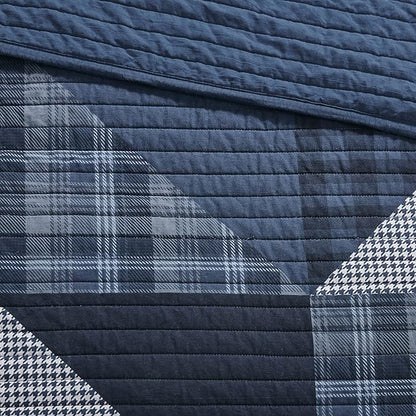 Woolrich Olsen Reversible Quilt Set - Cottage Styling Reversed to Solid Color, All Season Lightweight Coverlet, Cozy Bedding Layer, Matching Shams, Oversized Full/Queen, Geometric Plaid Blue 3 Piece