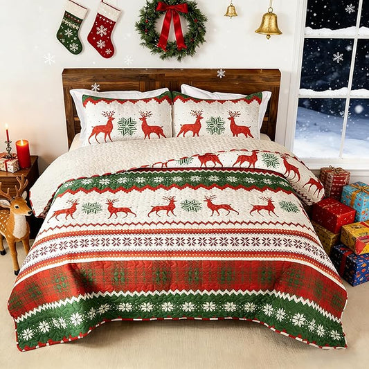Whale Flotilla Christmas Quilt Twin Size, Soft Boho Floral Bedspreads for Bed Reversible Lightweight Twin Quilt Bedding Set Coverlets with 1 Pillow Sham for All Seasons, Happy Snowflake