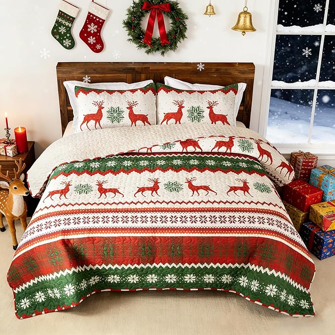 Whale Flotilla Christmas Quilt King Size, Soft Boho Floral Bedspreads for Bed Reversible Lightweight King Quilt Bedding Set Coverlets with 2 Pillow Shams for All Seasons, Happy Snowflake