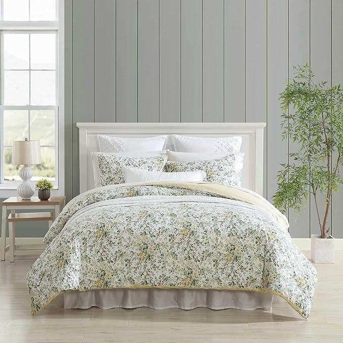 Laura Ashley - Full/Queen Comforter Set, Soft Cotton Bedding with Matching Shams, Floral Home Decor, Oeko-Tex Certified (Country Meadow Gold, Full/Queen)
