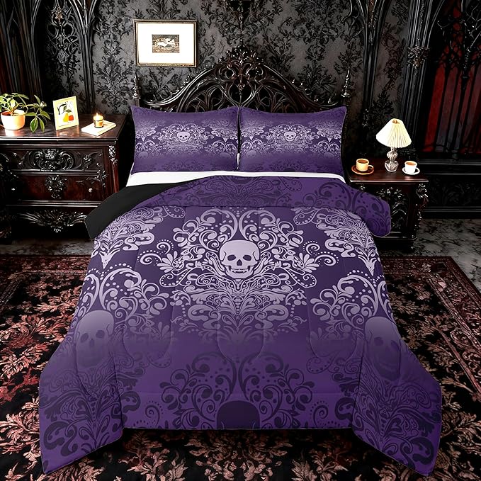 Feelyou Adults Gothic Skull Bedding Set Queen Size Kids Damask Print Comforter Goth Bohemian Duvet Breathable Soft Lightweight Microfiber Purple Room Decor with 2 Pillowcases