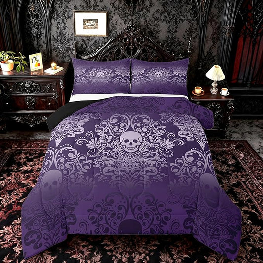 Feelyou Adults Gothic Skull Bedding Set Queen Size Kids Damask Print Comforter Goth Bohemian Duvet Breathable Soft Lightweight Microfiber Purple Room Decor with 2 Pillowcases