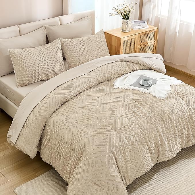Andency Khaki Super King Plus Size Comforter Set with Sheets - 7 Pieces Bed in a Bag Boho Tufted Bedding Sets Fluffy Lightweight Oversized King Bed Set with Comforter, Sheets, Pillowcases & Shams